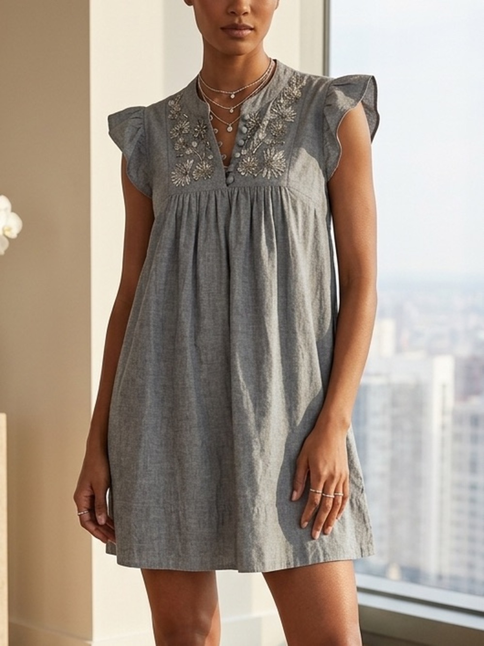 Tracy Porter Grey Cotton Chambray Beaded Floral Flutter Sleeve Dress Size 4-6